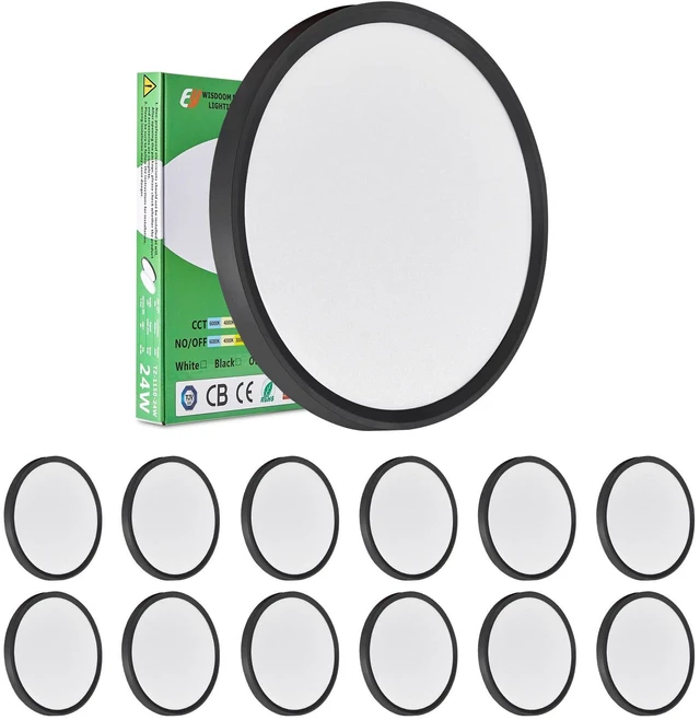Main image of 12Inch 12PK Black LED Flush Mount Ceiling Light, 24W, 2520LM, 3CCT 3000K/4000K/6000K CCT Selectable, Black Close to Ceiling Round Flat Panel Light, Super Slim LED Ceiling Light for Bedroom