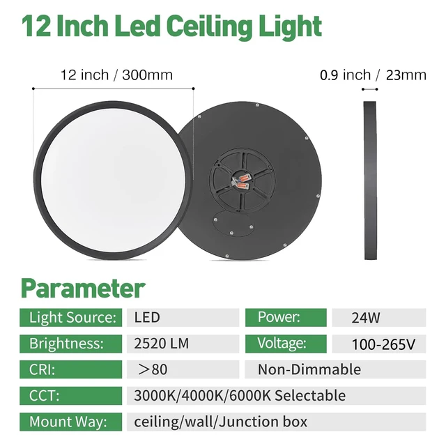 Alt view image 4 of 7 - 12Inch 12PK Black LED Flush Mount Ceiling Light, 24W, 2520LM, 3CCT 3000K/4000K/6000K CCT Selectable, Black Close to Ceiling Round Flat Panel Light, Super Slim LED Ceiling Light for Bedroom