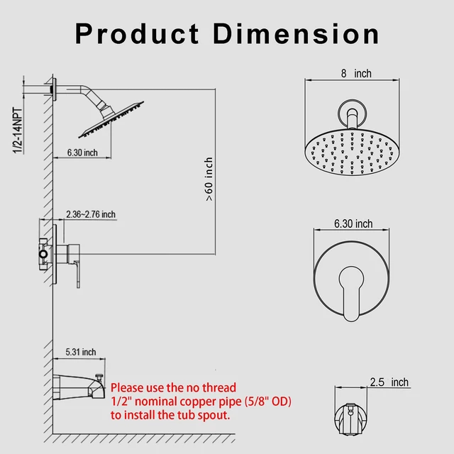 Alt view image 7 of 7 - Tub Shower Faucet Set, 8" Rain Shower Head & Spout, Brushed Nickel All-Metal Rainfall Showerhead and Bathtub Spout, Single-Handle Tub Shower-Trim Kit Included Valve, for Bathroom