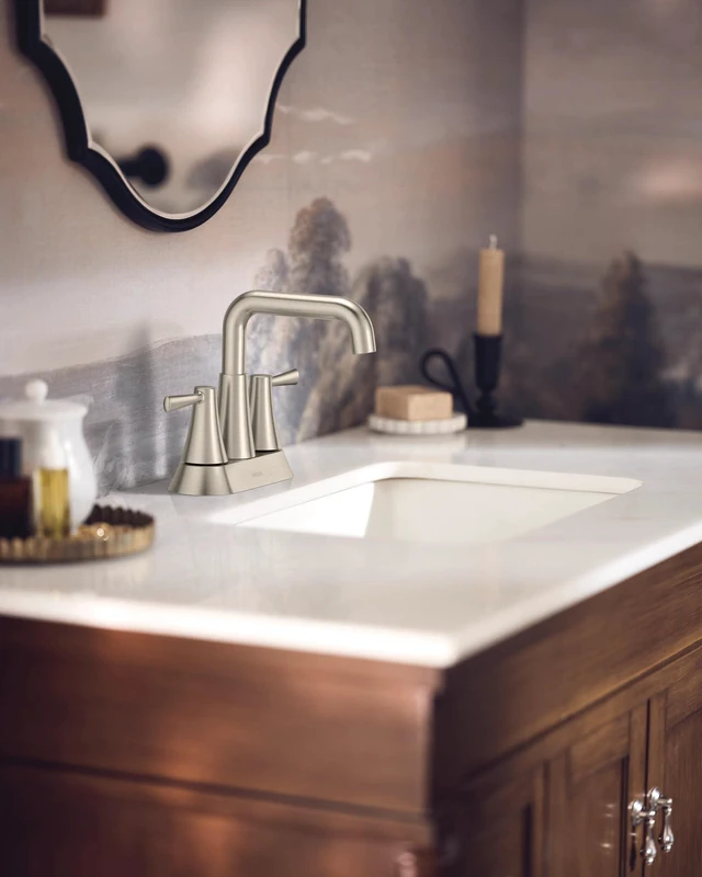Alt view image 2 of 7 - Ronan Spot Resist Brushed Nickel Two-Handle 4 in. Centerset Modern Double Bend Bathroom Faucet with Push-Down Drain, 84025SRN