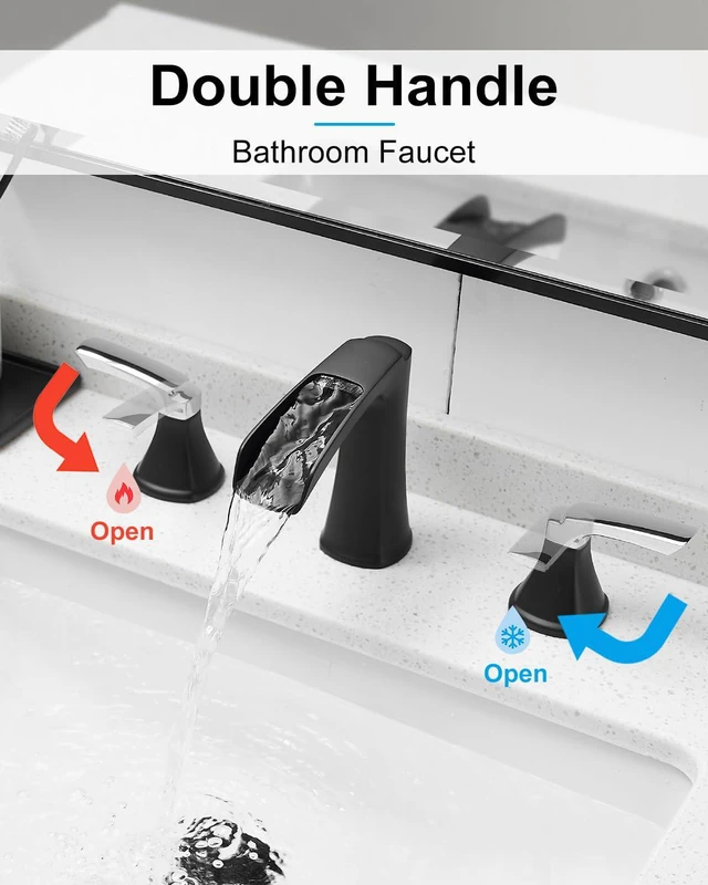 Alt view image 2 of 7 - Bathroom Faucet 3 Hole, Waterfall 8 Inch Bathroom Sink Faucet Matte Black&Chrome, Lead-free Brass 2-handle Widespread Faucets for Bathroom Sink with Pop-up Drain