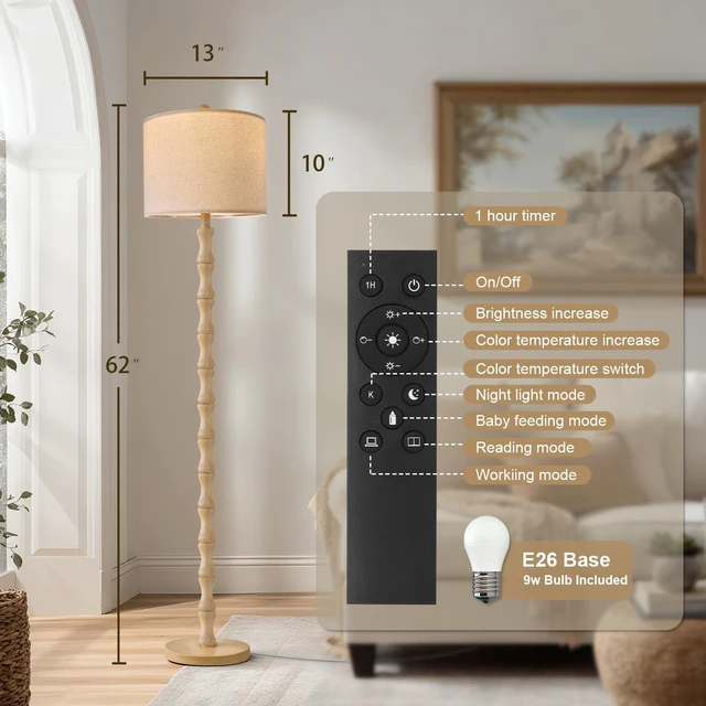 Alt view image 3 of 7 - 62" Rustic Farmhouse Floor Lamp with Remote & Dimmable 9W Bulb, 3 Color Temperatures Resin Standing Lamp, Retro Corner Tall Lamp for Living Room, Bedroom, Nursery, Office, Reading Nock