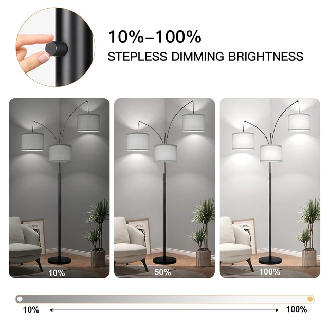 Alt view image 3 of 7 - Dimmable Floor Lamp, 3 Lights Black Arc Floor Lamp, Modern Tall Standing Tree Lamp with Grey Linen Shades & Heavy Base, 3000LM LED Bulbs, Bright Lighting for Living Room, Bedroom, Office & Reading