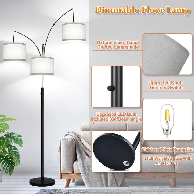 Alt view image 4 of 7 - Dimmable Floor Lamp, 3 Lights Black Arc Floor Lamp, Modern Tall Standing Tree Lamp with Grey Linen Shades & Heavy Base, 3000LM LED Bulbs, Bright Lighting for Living Room, Bedroom, Office & Reading