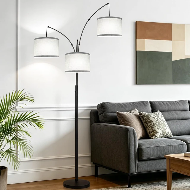 Alt view image 6 of 7 - Dimmable Floor Lamp, 3 Lights Black Arc Floor Lamp, Modern Tall Standing Tree Lamp with Grey Linen Shades & Heavy Base, 3000LM LED Bulbs, Bright Lighting for Living Room, Bedroom, Office & Reading