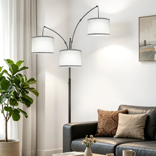 Alt view image 7 of 7 - Dimmable Floor Lamp, 3 Lights Black Arc Floor Lamp, Modern Tall Standing Tree Lamp with Grey Linen Shades & Heavy Base, 3000LM LED Bulbs, Bright Lighting for Living Room, Bedroom, Office & Reading