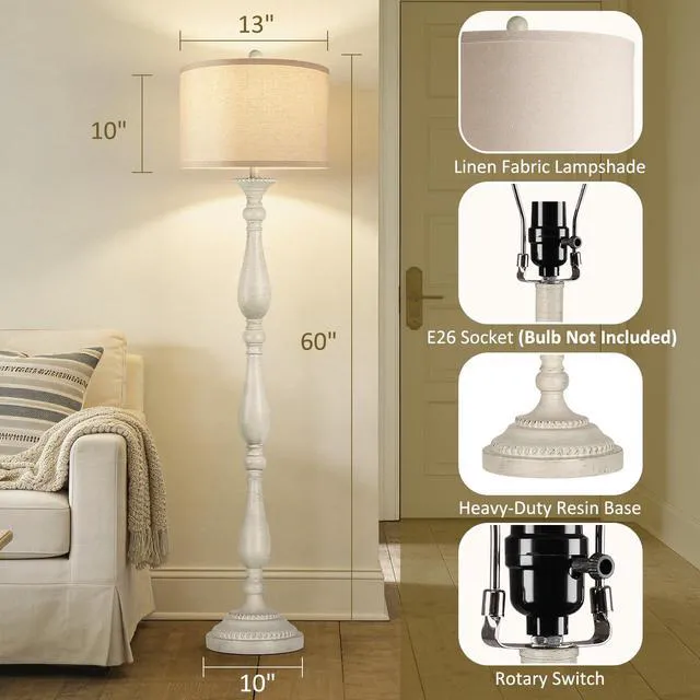 Alt view image 2 of 7 - Vintage Floor Lamp for Living Room, Rustic Farmhouse Standing Lamp with Rotary Switch and Linen Shade, Retro Resin Floor Lamp for Bedroom, Corner, Dining Room, House Decor, White