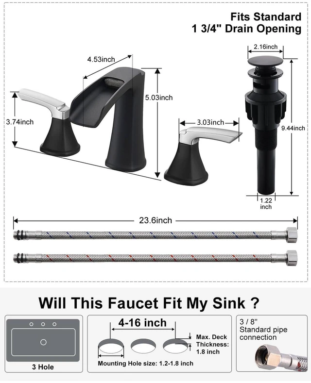 Alt view image 5 of 7 - Bathroom Faucet 3 Hole, Waterfall 8 Inch Bathroom Sink Faucet Matte Black&Chrome, Lead-free Brass 2-handle Widespread Faucets for Bathroom Sink with Pop-up Drain