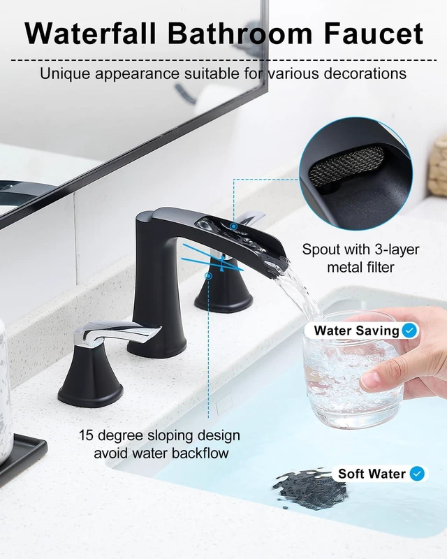Alt view image 3 of 7 - Bathroom Faucet 3 Hole, Waterfall 8 Inch Bathroom Sink Faucet Matte Black&Chrome, Lead-free Brass 2-handle Widespread Faucets for Bathroom Sink with Pop-up Drain