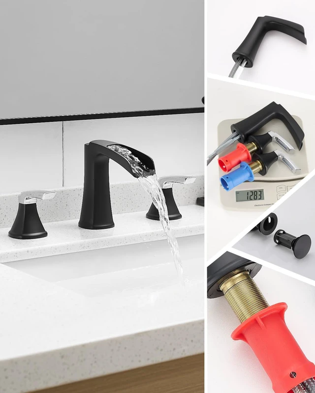 Alt view image 6 of 7 - Bathroom Faucet 3 Hole, Waterfall 8 Inch Bathroom Sink Faucet Matte Black&Chrome, Lead-free Brass 2-handle Widespread Faucets for Bathroom Sink with Pop-up Drain
