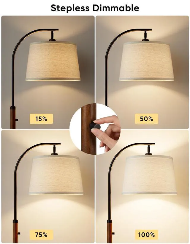 Alt view image 2 of 7 - Dimmable Floor Lamp for Living Room, 65" Tall Metal Standing Lamp with LED Bulb, Mid Century Modern Arc Floor Lamp with Linen Shade for Bedroom, Reading Room, Office & Nursery, Black and Rustic Brown