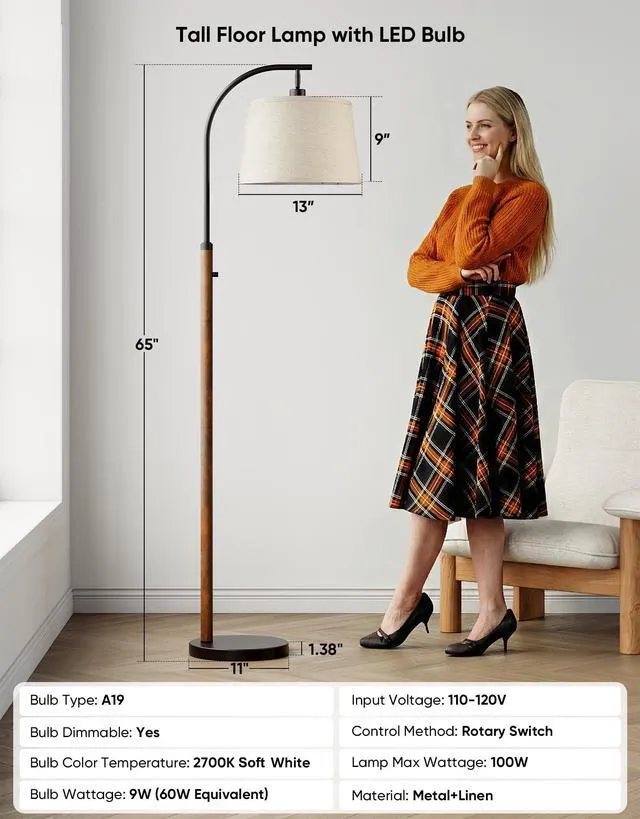 Alt view image 5 of 7 - Dimmable Floor Lamp for Living Room, 65" Tall Metal Standing Lamp with LED Bulb, Mid Century Modern Arc Floor Lamp with Linen Shade for Bedroom, Reading Room, Office & Nursery, Black and Rustic Brown