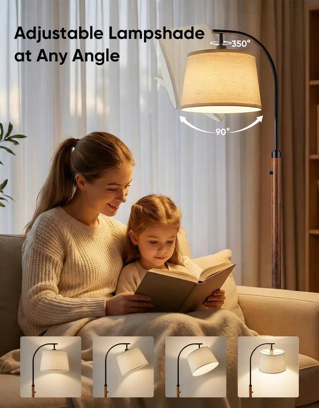 Alt view image 6 of 7 - Dimmable Floor Lamp for Living Room, 65" Tall Metal Standing Lamp with LED Bulb, Mid Century Modern Arc Floor Lamp with Linen Shade for Bedroom, Reading Room, Office & Nursery, Black and Rustic Brown