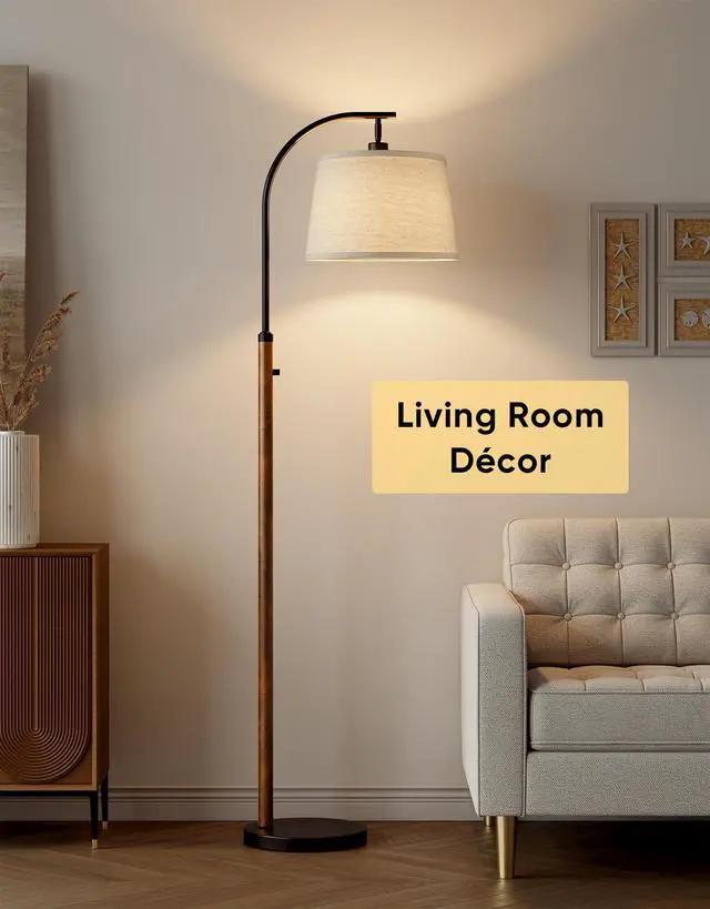 Alt view image 7 of 7 - Dimmable Floor Lamp for Living Room, 65" Tall Metal Standing Lamp with LED Bulb, Mid Century Modern Arc Floor Lamp with Linen Shade for Bedroom, Reading Room, Office & Nursery, Black and Rustic Brown
