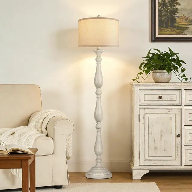 Alt view image 4 of 7 - Vintage Floor Lamp for Living Room, Rustic Farmhouse Standing Lamp with Rotary Switch and Linen Shade, Retro Resin Floor Lamp for Bedroom, Corner, Dining Room, House Decor, White