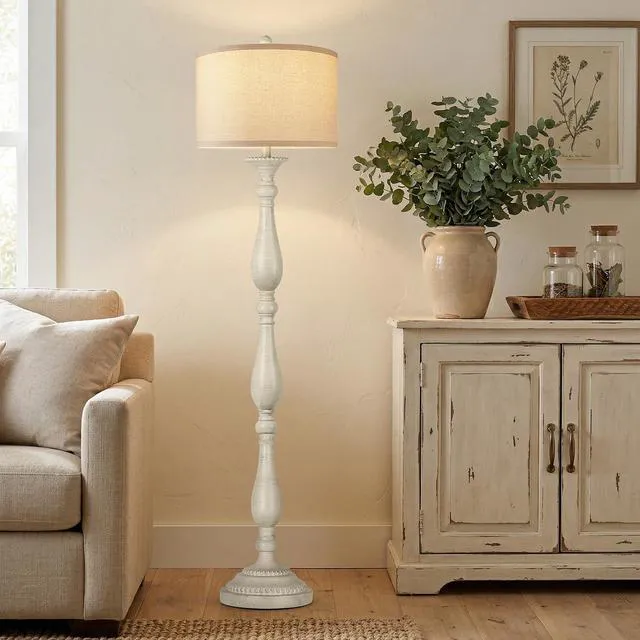 Alt view image 5 of 7 - Vintage Floor Lamp for Living Room, Rustic Farmhouse Standing Lamp with Rotary Switch and Linen Shade, Retro Resin Floor Lamp for Bedroom, Corner, Dining Room, House Decor, White