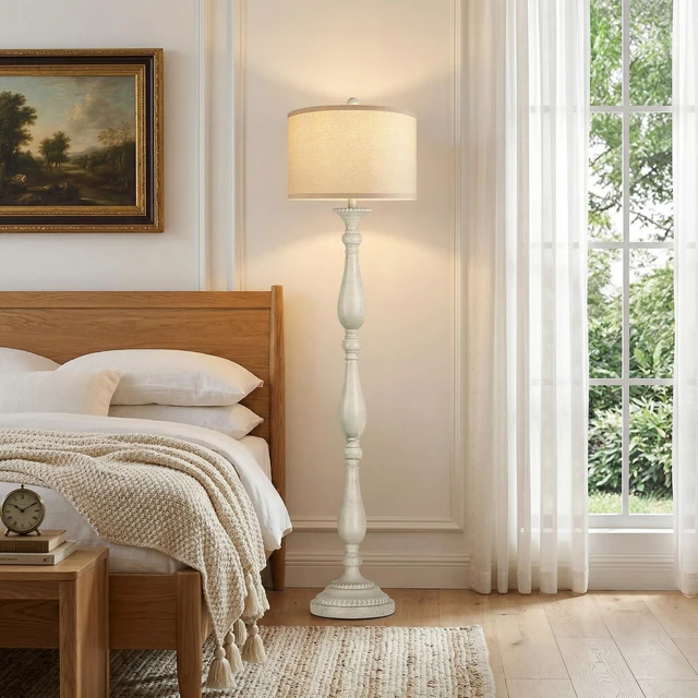 Alt view image 6 of 7 - Vintage Floor Lamp for Living Room, Rustic Farmhouse Standing Lamp with Rotary Switch and Linen Shade, Retro Resin Floor Lamp for Bedroom, Corner, Dining Room, House Decor, White