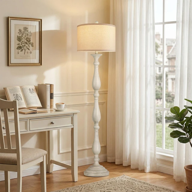 Alt view image 7 of 7 - Vintage Floor Lamp for Living Room, Rustic Farmhouse Standing Lamp with Rotary Switch and Linen Shade, Retro Resin Floor Lamp for Bedroom, Corner, Dining Room, House Decor, White