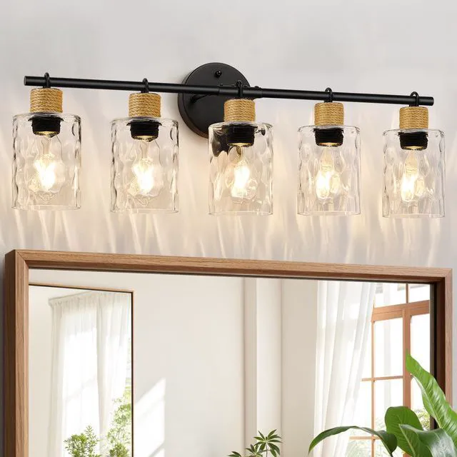 Main image of Bathroom Light Fixtures, 5-Light Coastal Vanity Lights with Crystal Glass Shade, Black Bathroom Wall Lamp for Mirror Kitchen Hallway Cabinet