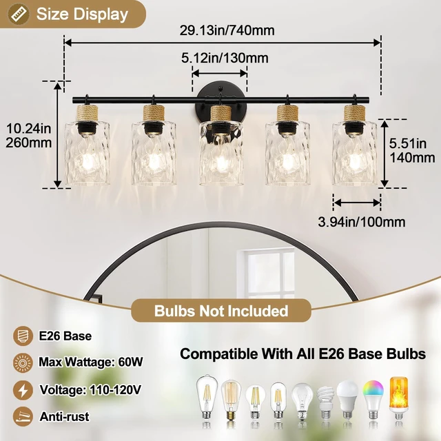 Alt view image 2 of 7 - Bathroom Light Fixtures, 5-Light Coastal Vanity Lights with Crystal Glass Shade, Black Bathroom Wall Lamp for Mirror Kitchen Hallway Cabinet
