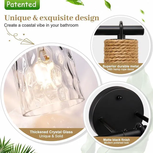 Alt view image 3 of 7 - Bathroom Light Fixtures, 5-Light Coastal Vanity Lights with Crystal Glass Shade, Black Bathroom Wall Lamp for Mirror Kitchen Hallway Cabinet