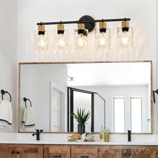 Alt view image 4 of 7 - Bathroom Light Fixtures, 5-Light Coastal Vanity Lights with Crystal Glass Shade, Black Bathroom Wall Lamp for Mirror Kitchen Hallway Cabinet