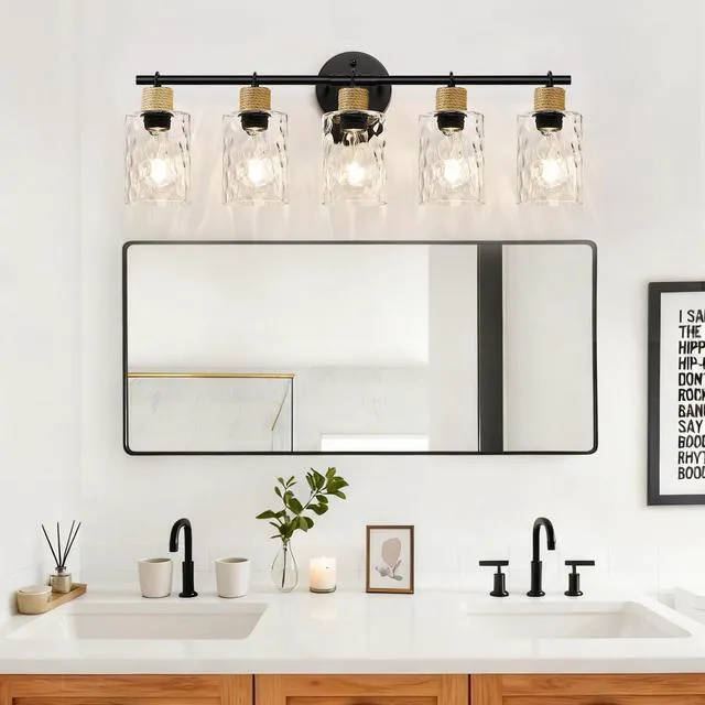 Alt view image 7 of 7 - Bathroom Light Fixtures, 5-Light Coastal Vanity Lights with Crystal Glass Shade, Black Bathroom Wall Lamp for Mirror Kitchen Hallway Cabinet