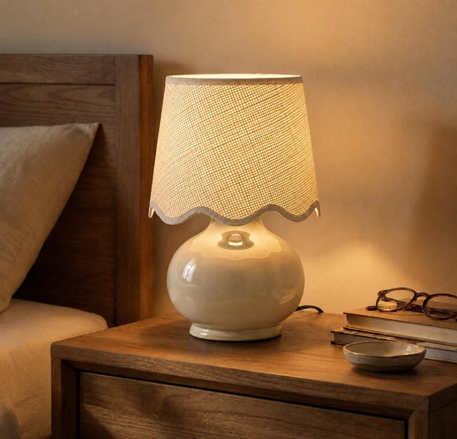 Alt view image 2 of 7 - Benton Ceramic Table Lamp with Fabric Shade 13" Bedside Accent Lamp for Bedroom, Living Room & Nightstand (Beige Cream)