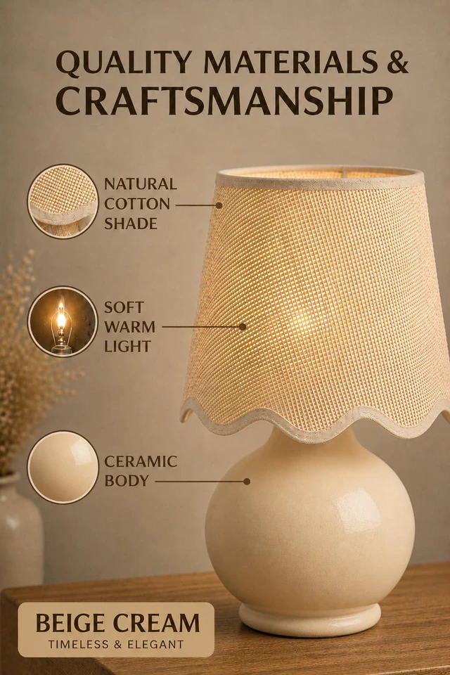Alt view image 3 of 7 - Benton Ceramic Table Lamp with Fabric Shade 13" Bedside Accent Lamp for Bedroom, Living Room & Nightstand (Beige Cream)