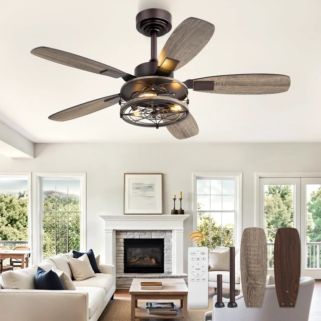 Main image of Farmhouse 42 Inch Ceiling Fan with Light and Remote, Oil Bronze Industrial Caged Flush Mount Ceiling Fans with 6 Speed Reversible Motor and Dual Finish 5 Blades, for Living room, Bedroom