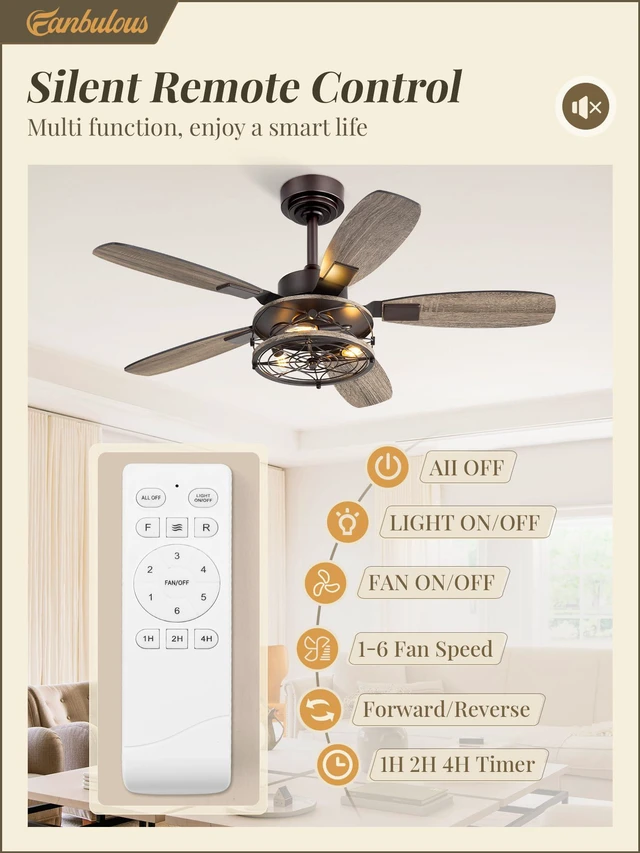 Alt view image 2 of 7 - Farmhouse 42 Inch Ceiling Fan with Light and Remote, Oil Bronze Industrial Caged Flush Mount Ceiling Fans with 6 Speed Reversible Motor and Dual Finish 5 Blades, for Living room, Bedroom
