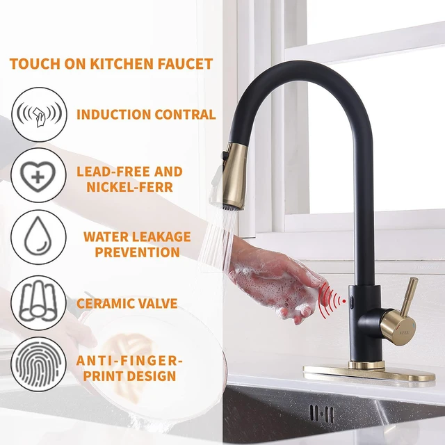 Alt view image 6 of 6 - Touchless Kitchen Faucet with Pull Down Sprayer, Motion Sensor Kitchen Faucet with Kitchen Soap Dispenser, Single Handle Pull Out Faucet for Kitchen Sink,Black and Polished Chrome
