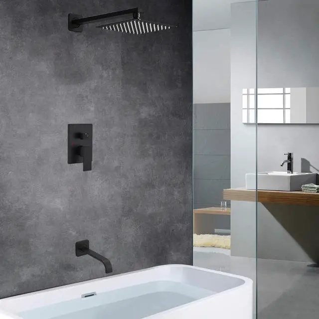 Alt view image 3 of 7 - Matte Black Shower Faucet Set with Tub Spout Bathroom Luxury Rain Mixer Shower Head System Wall Mounted Shower Faucet Complete, Single Handle Tub and Shower Trim Kit with Rough-in Valve