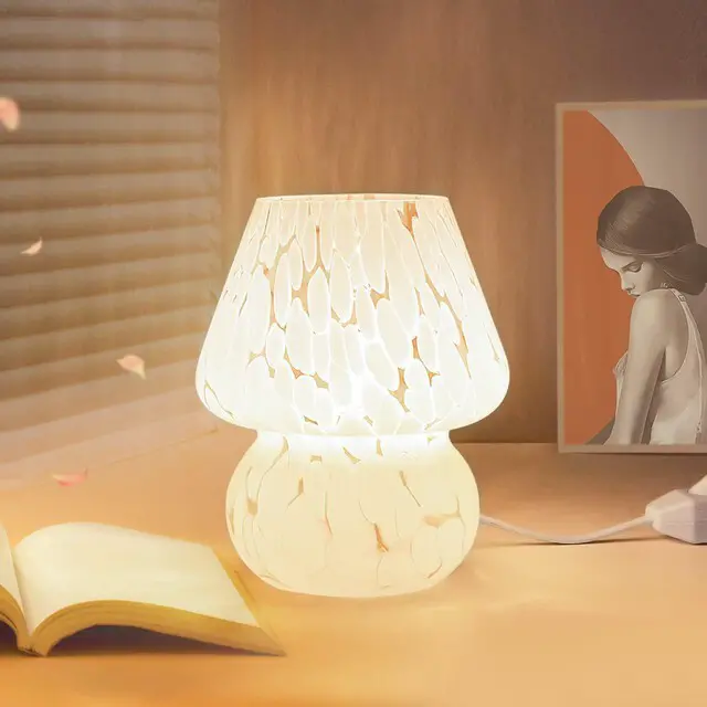Alt view image 2 of 6 - Cute Mushroom Lamp Small Bedside Table Lamp Set of 2 Stepless Dimmable, Translucent Glass White Nightstand Lamp for Bedroom Dorm Kids Room Living Kitchen, Murano Aesthetic Home Decor