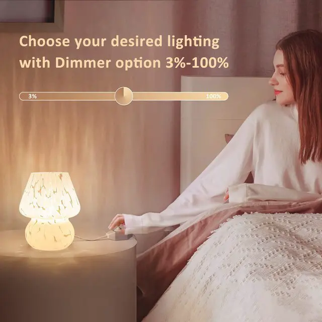 Alt view image 3 of 6 - Cute Mushroom Lamp Small Bedside Table Lamp Set of 2 Stepless Dimmable, Translucent Glass White Nightstand Lamp for Bedroom Dorm Kids Room Living Kitchen, Murano Aesthetic Home Decor