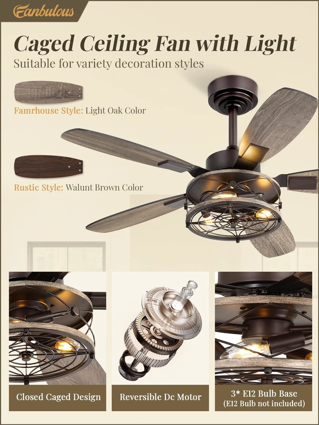 Alt view image 3 of 7 - Farmhouse 42 Inch Ceiling Fan with Light and Remote, Oil Bronze Industrial Caged Flush Mount Ceiling Fans with 6 Speed Reversible Motor and Dual Finish 5 Blades, for Living room, Bedroom
