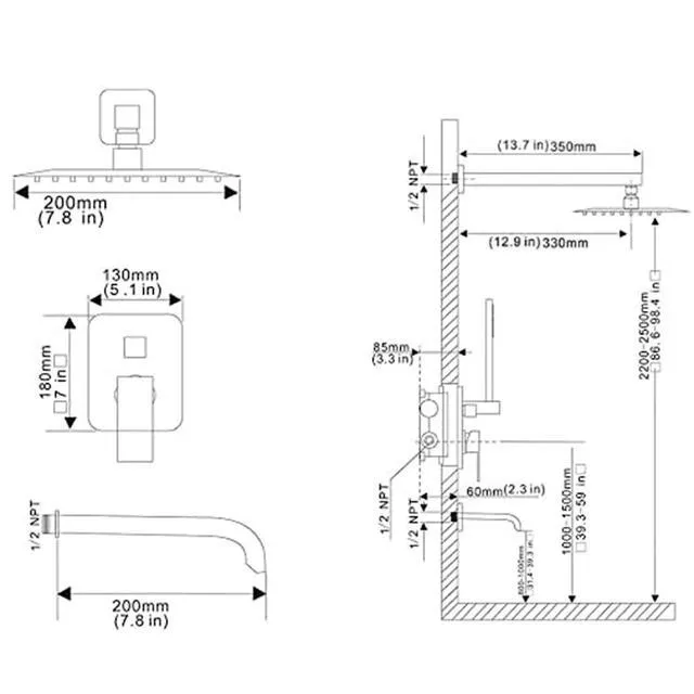 Alt view image 7 of 7 - Matte Black Shower Faucet Set with Tub Spout Bathroom Luxury Rain Mixer Shower Head System Wall Mounted Shower Faucet Complete, Single Handle Tub and Shower Trim Kit with Rough-in Valve