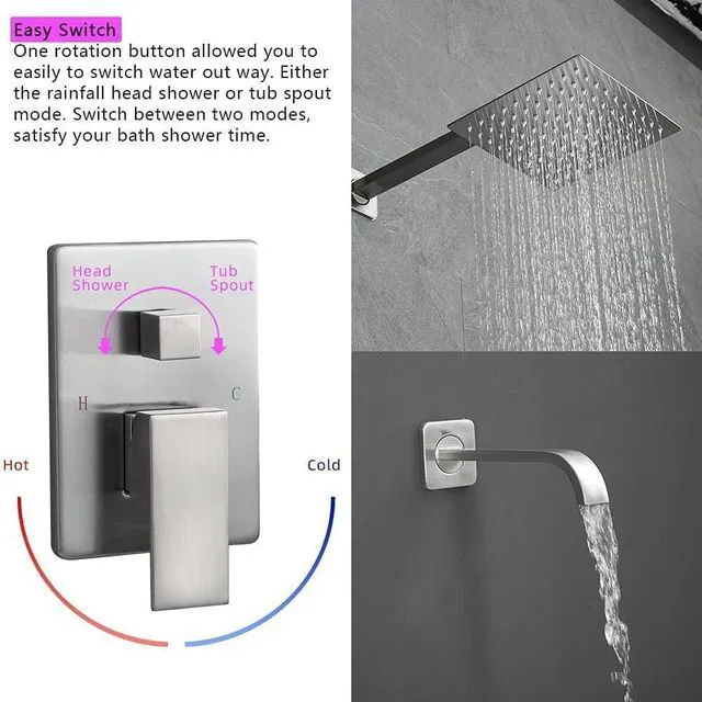 Alt view image 2 of 6 - Brushed Nickel Shower Faucet Set with Tub Spout Bathroom Luxury Rain Mixer Shower Head System Wall Mounted Shower Faucet Complete, Single Handle Tub and Shower Trim Kit with Rough-in Valve