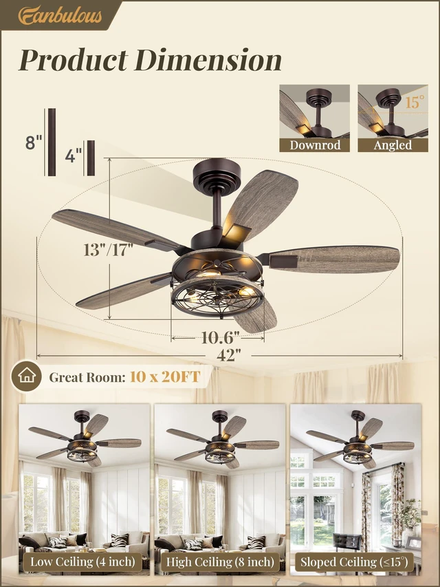 Alt view image 5 of 7 - Farmhouse 42 Inch Ceiling Fan with Light and Remote, Oil Bronze Industrial Caged Flush Mount Ceiling Fans with 6 Speed Reversible Motor and Dual Finish 5 Blades, for Living room, Bedroom