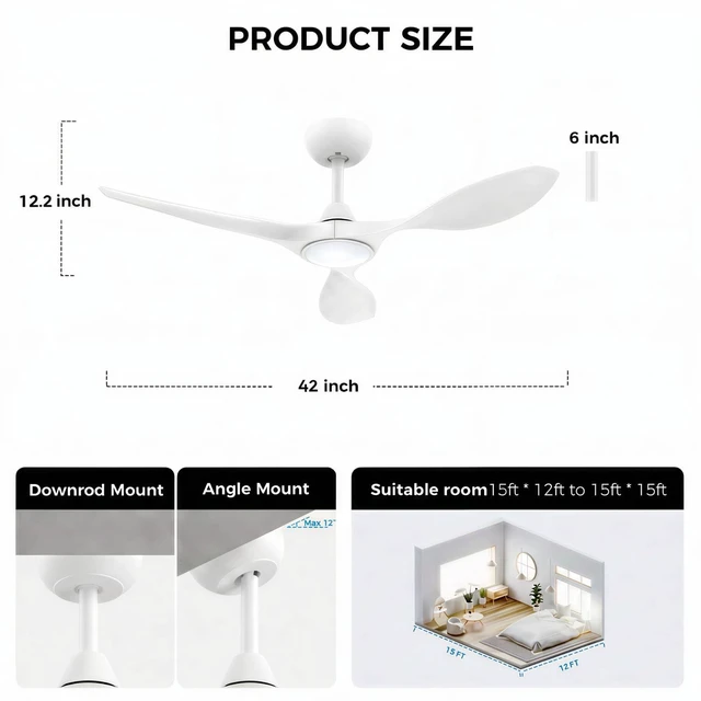 Alt view image 2 of 7 - 42'' Modern Ceiling Fan with Light, Wide Blade Design, Remote DC Motor,Reversible,Color Adjustable,Dimmable,Led Light,6 Speeds,3 Timers,Modern,Plastic,Bedrooms, Living rooms,Indoor