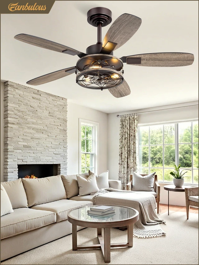 Alt view image 7 of 7 - Farmhouse 42 Inch Ceiling Fan with Light and Remote, Oil Bronze Industrial Caged Flush Mount Ceiling Fans with 6 Speed Reversible Motor and Dual Finish 5 Blades, for Living room, Bedroom