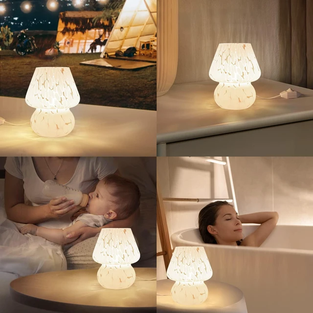 Alt view image 6 of 6 - Cute Mushroom Lamp Small Bedside Table Lamp Set of 2 Stepless Dimmable, Translucent Glass White Nightstand Lamp for Bedroom Dorm Kids Room Living Kitchen, Murano Aesthetic Home Decor