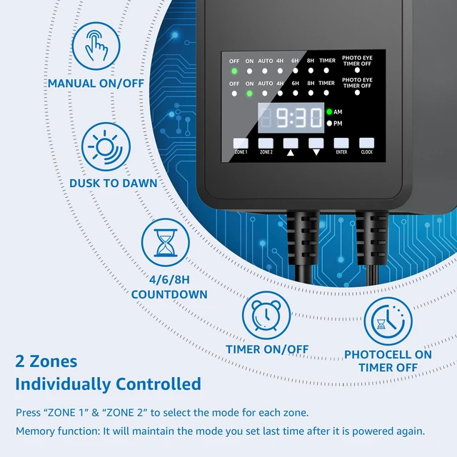 Alt view image 2 of 7 - 200W Low Voltage Landscape Transformer with 2 Independent Control Output Landscape Lighting Transformer with Timer and Photocell Sensor 120V AC to 12/14V AC Weatherproof Low Voltage Transformer