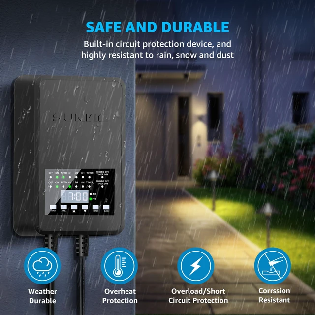Alt view image 6 of 7 - 200W Low Voltage Landscape Transformer with 2 Independent Control Output Landscape Lighting Transformer with Timer and Photocell Sensor 120V AC to 12/14V AC Weatherproof Low Voltage Transformer