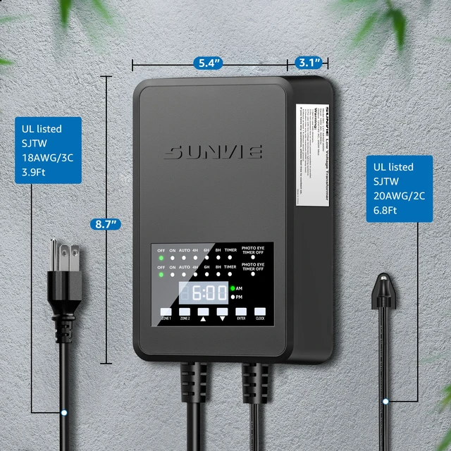 Alt view image 7 of 7 - 200W Low Voltage Landscape Transformer with 2 Independent Control Output Landscape Lighting Transformer with Timer and Photocell Sensor 120V AC to 12/14V AC Weatherproof Low Voltage Transformer