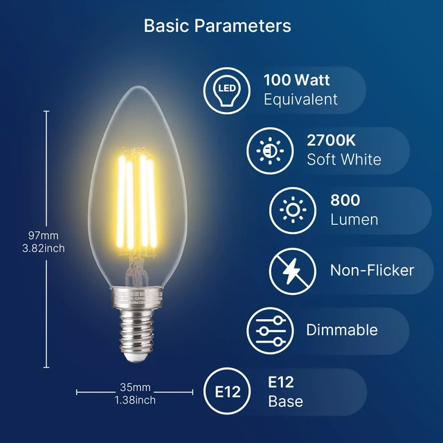 Alt view image 2 of 7 - 100W Equivalent LED Candelabra Bulbs, 800LM Dimmable B11 E12 LED Chandelier Light Bulbs, 5.5W, 2700K Soft White, 24 Pack UL,CA65 Listed