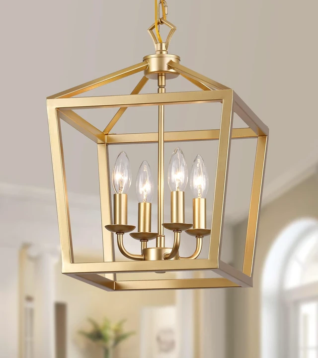 Main image of Gold Lantern Chandelier Hanging Pendant Light Fixture 4-Lights for Kitchen Island Dining Room Hallway Entryway Foyer UL Listed