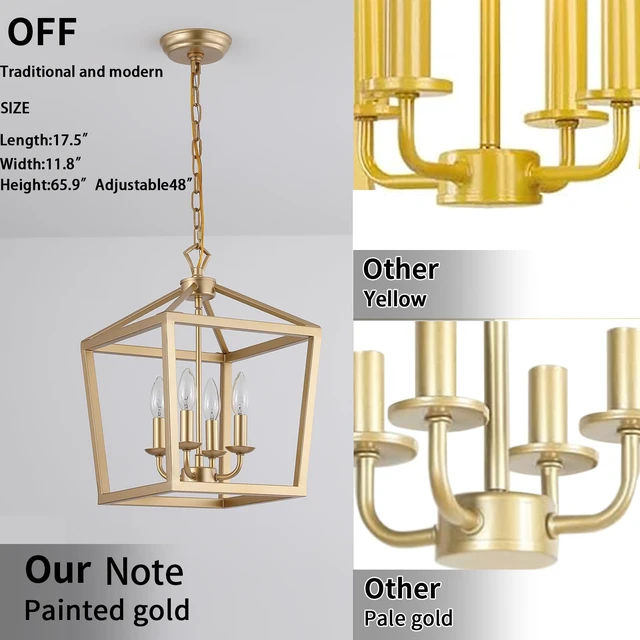 Alt view image 2 of 7 - Gold Lantern Chandelier Hanging Pendant Light Fixture 4-Lights for Kitchen Island Dining Room Hallway Entryway Foyer UL Listed