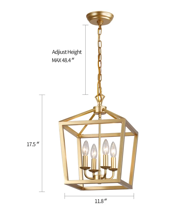 Alt view image 3 of 7 - Gold Lantern Chandelier Hanging Pendant Light Fixture 4-Lights for Kitchen Island Dining Room Hallway Entryway Foyer UL Listed