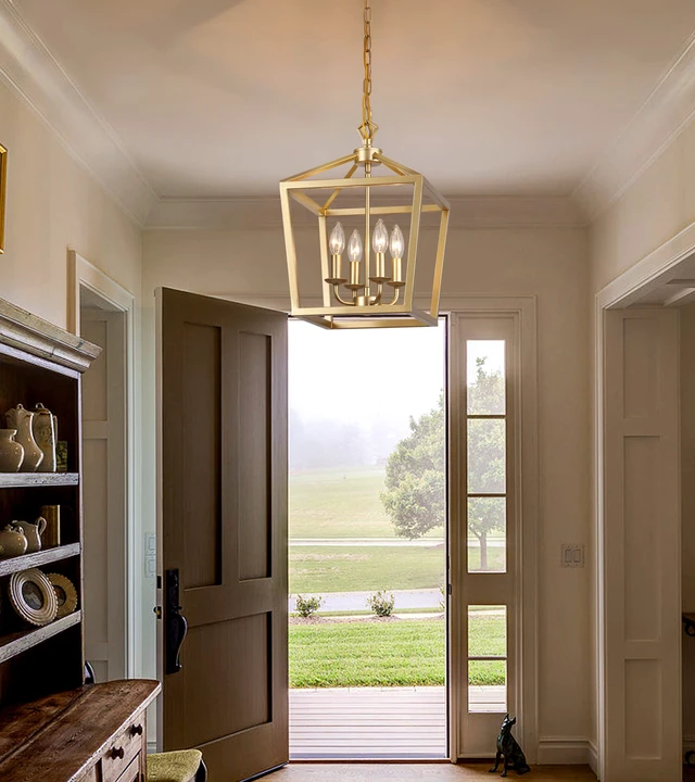 Alt view image 4 of 7 - Gold Lantern Chandelier Hanging Pendant Light Fixture 4-Lights for Kitchen Island Dining Room Hallway Entryway Foyer UL Listed